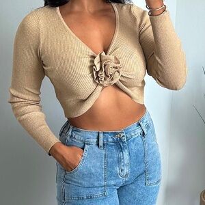 Champagne Ribbed Knit Top with Floral Detail